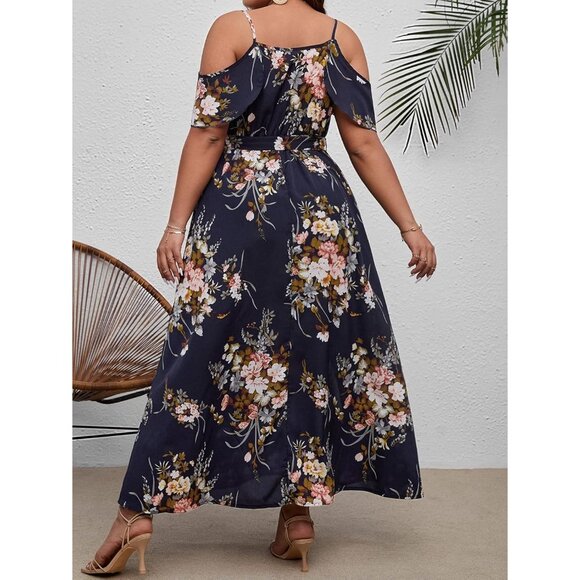 Women's Plus Size Floral Cold Shoulder Maxi Dress with Split Thigh - Picture 2 of 4